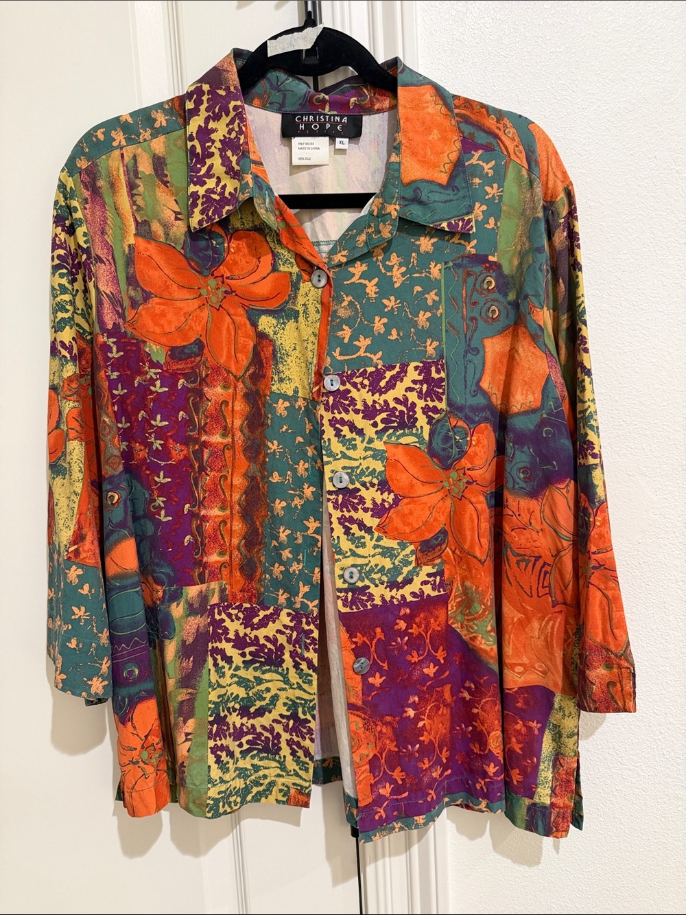 Christina Hope petite 100% silk XL button down multicolor top